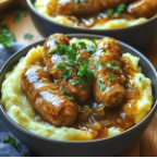 Carnati afumati , inabusiti la ceaun , serviti cu piure de cartofi